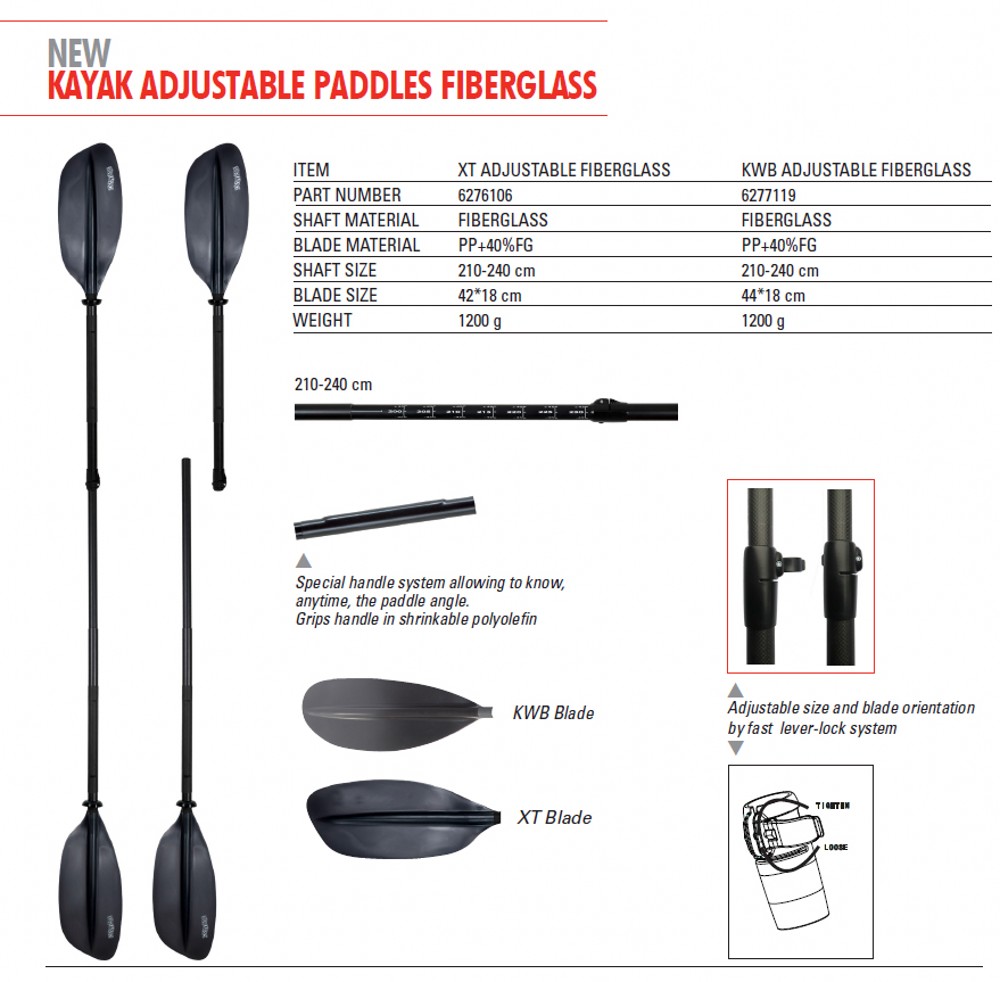 BRAVO KAYAK PADDLE 2PC FIBERGLASS ADJUSTABLE LENGTH/ANGLE KWB