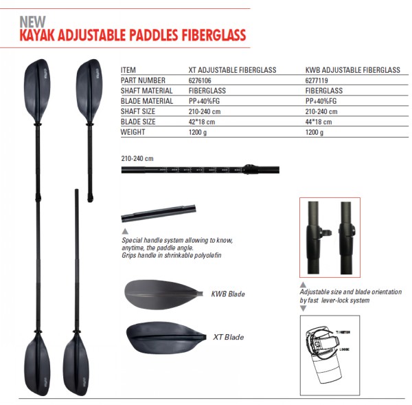BRAVO KAYAK PADDLE 2PC FIBERGLASS ADJUSTABLE LENGTH/ANGLE KWB