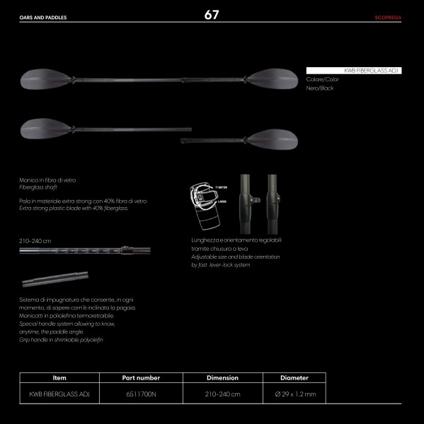 KAYAK PADDLE 2PC FIBREGLASS SHAFT ADJ. 210-240 KWB BLADE